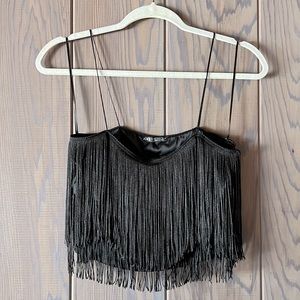 Zara Fringe Camisole Crop Top, Size M, Charcoal Black